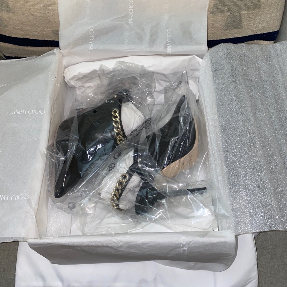 FINAL SALE Jimmy Choo Lexx 100 Black/gold Leather heeled Mules NWT - Picture 7 of 14